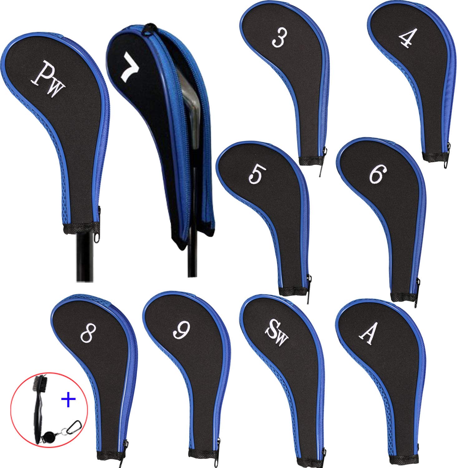 EDATOFLY 10 Pieces Golf Iron Head Covers Long Neck Number Printing Irons Head Covers Set and 1 Piece Golf Iron Club Brush (Black+Blue)