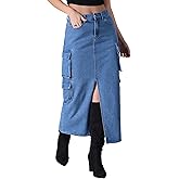 CIMUK Women's Long Jean Skirts with Slit Elastic Waist Cargo Denim Maxi Skirt