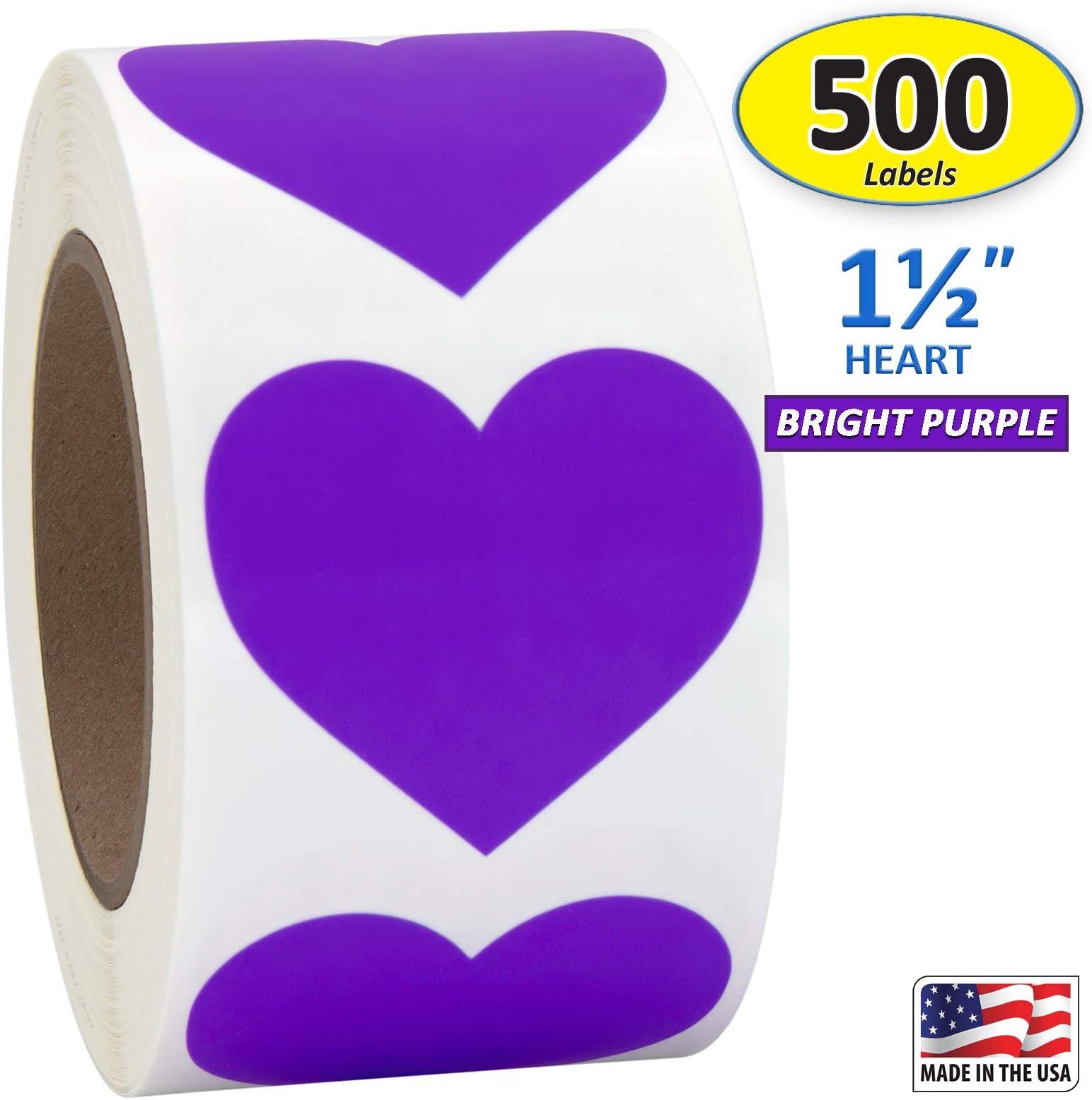 Purple Heart Shaped Sticker Labels, 1 1/2" Diameter, 500 per Roll, 1.5 inch
