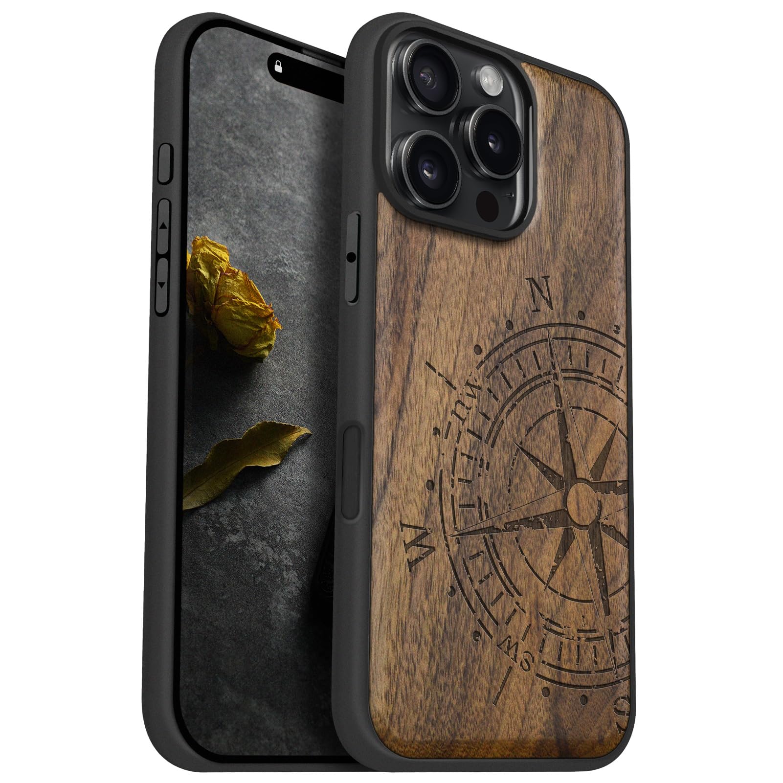 Carveit Magnetic Wood Case for iPhone 16 Pro Max [Solid Wood & Black Soft TPU] Shockproof Protective Cover Unique Wooden Case Compatible with magsafe (The Incomplete Compass -Walnut)