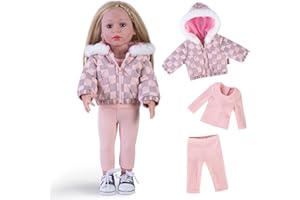 Rakki Dolli Doll Clothes 3 Pc. Set Pink Grey Plaid Hooded Thick Coat Suit Checkerboard Jacket with Long Sleeve, Warm Doll Outfit Hoodie Snowsuit Fits for 18" Dolls (Doll & Shoes not Included) 014