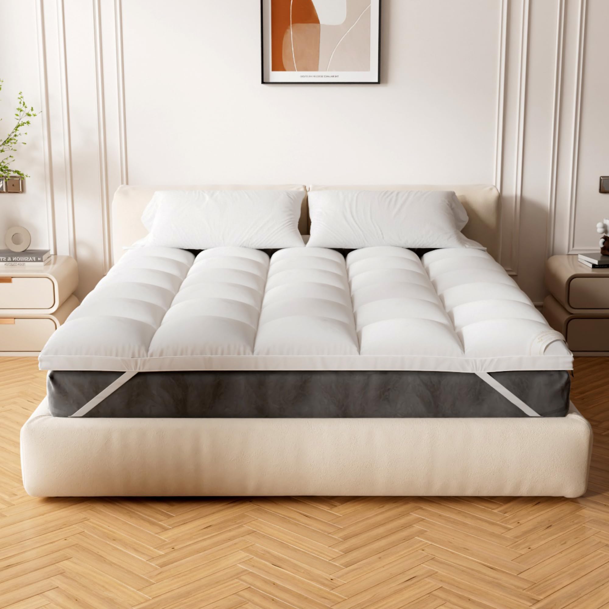 Extra Thick Mattress Topper King Size, Down Alternative Fiber Filled Bed Topper Plush Cooling Pillowtop Mattress Pad Cover (King 76x80x2 inch)