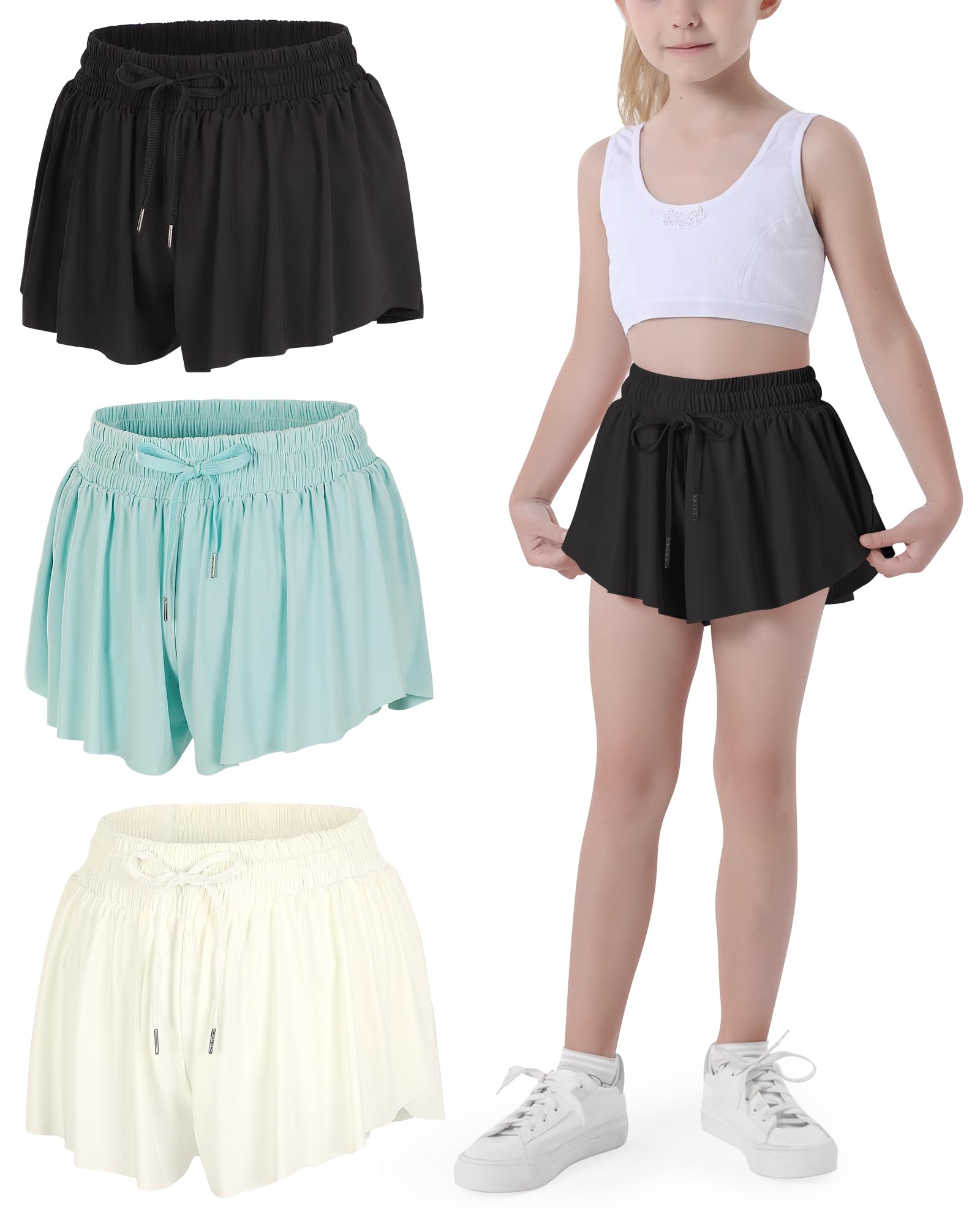 JOCMIC Girls Flowy Shorts, 2 in 1 Preppy Butterfly Shorts with Spandex Liner for Cheer Athletic Gym Teens Casual Clothes Black+Green+Ivory 12 Years Image