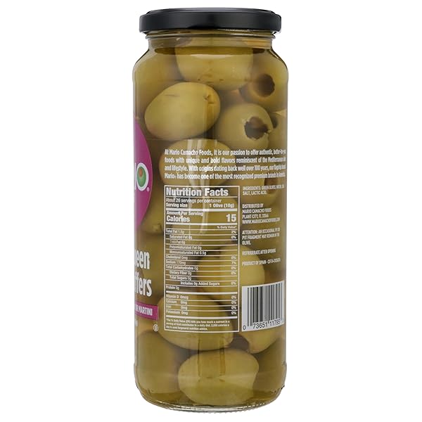 MARIO CAMACHO FOODS PITTED QUEEN PARTY COLOSSAL OLIVES, 9 OUNCE