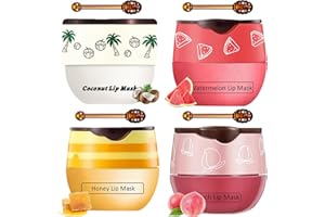 TIRDET 4 PCS Bee Lip Balm Honey Pot, Honey Coconut Watermelon Peach Sleeping Lip Mask Overnight with Sticks, Exfoliating Prevention Dry and Crack Lip Scrubs