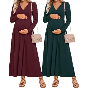 Neer 2 Pack Maternity Long Sleeve Maxi Dress | Nursing Dresses, Baby Shower, Women's, Wrap, V Neck, with Pockets, Pregnancy,