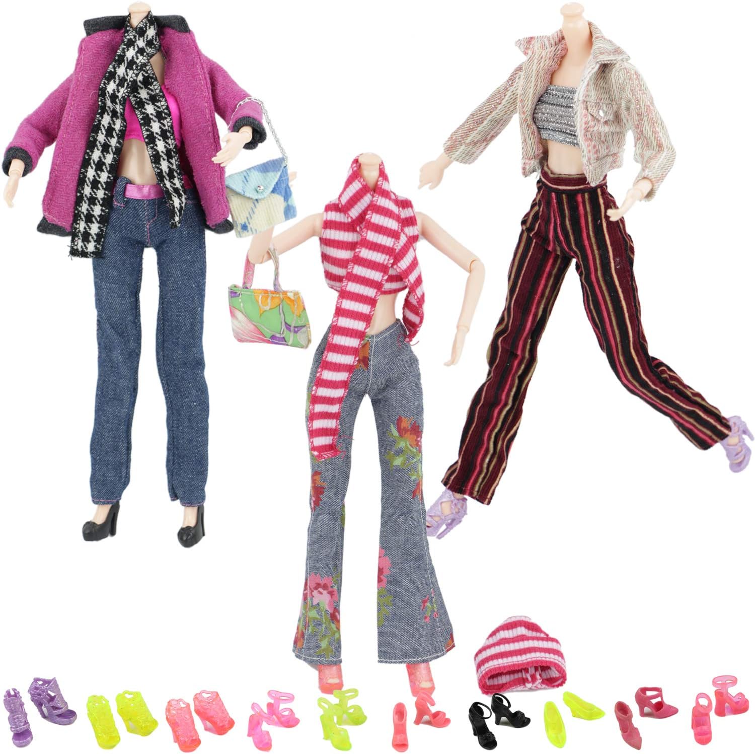 MIBBQ 13 Doll Clothes and Shoes Set 3pcs Girls Winter Casual Wear Outfits with Scarf Hat 10 Pairs Shoes Boots for 11.5" Barbie Dolls Kids Holidays Birthday Gift
