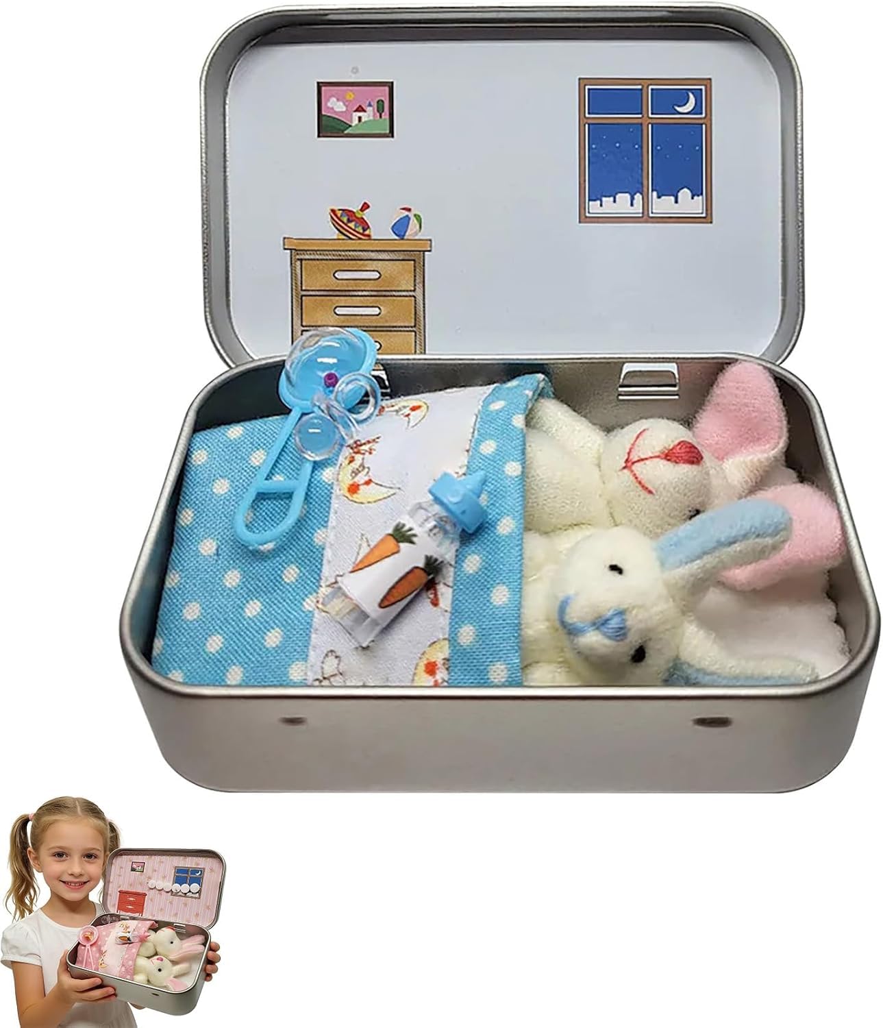 NexHike Little Pocket Bunny in Box, Mini Bunny Hug, Easter Basket Stuffer, Cute Easter Gifts DIY Pet Bunny Adoption, Easters Baskets Decorative Boxes, Personalised Mini Plush House (Blue)