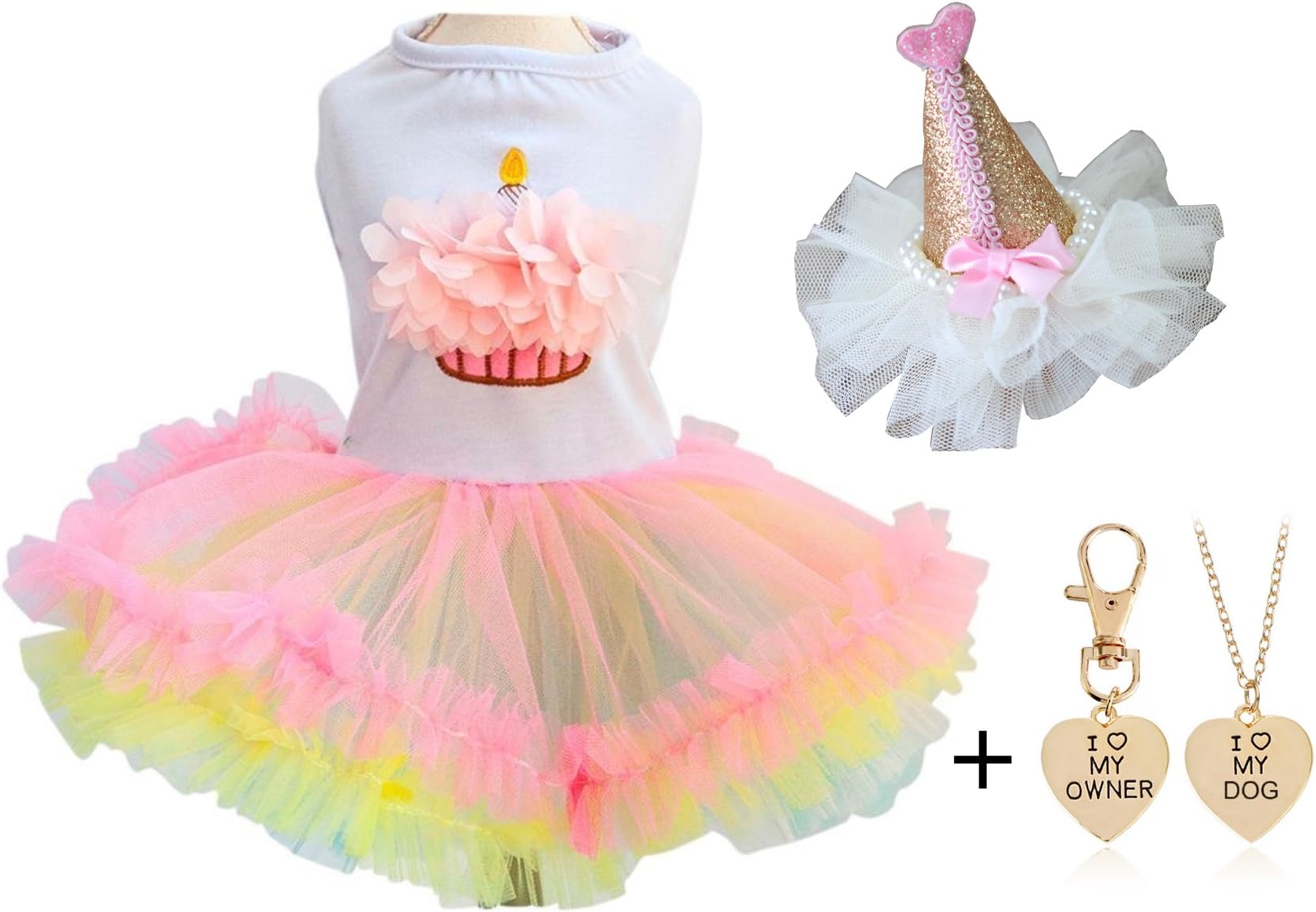 OllypetSet of 2 Cute Clothes for Small Dogs Tutu Dresses for Girls Cupcake Birthday Hat Pet Apparel Cats Puppy Summer M