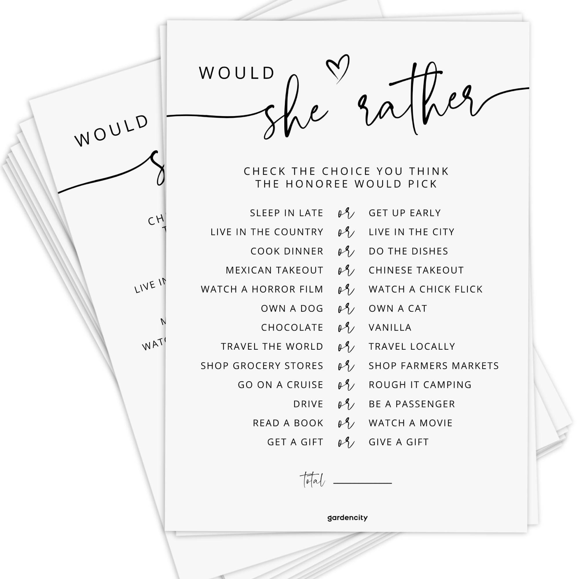 Photo 1 of 50 Would She Rather Bridal Shower Game Cards, Baby Shower Games, 50 Guests, Minimalist White