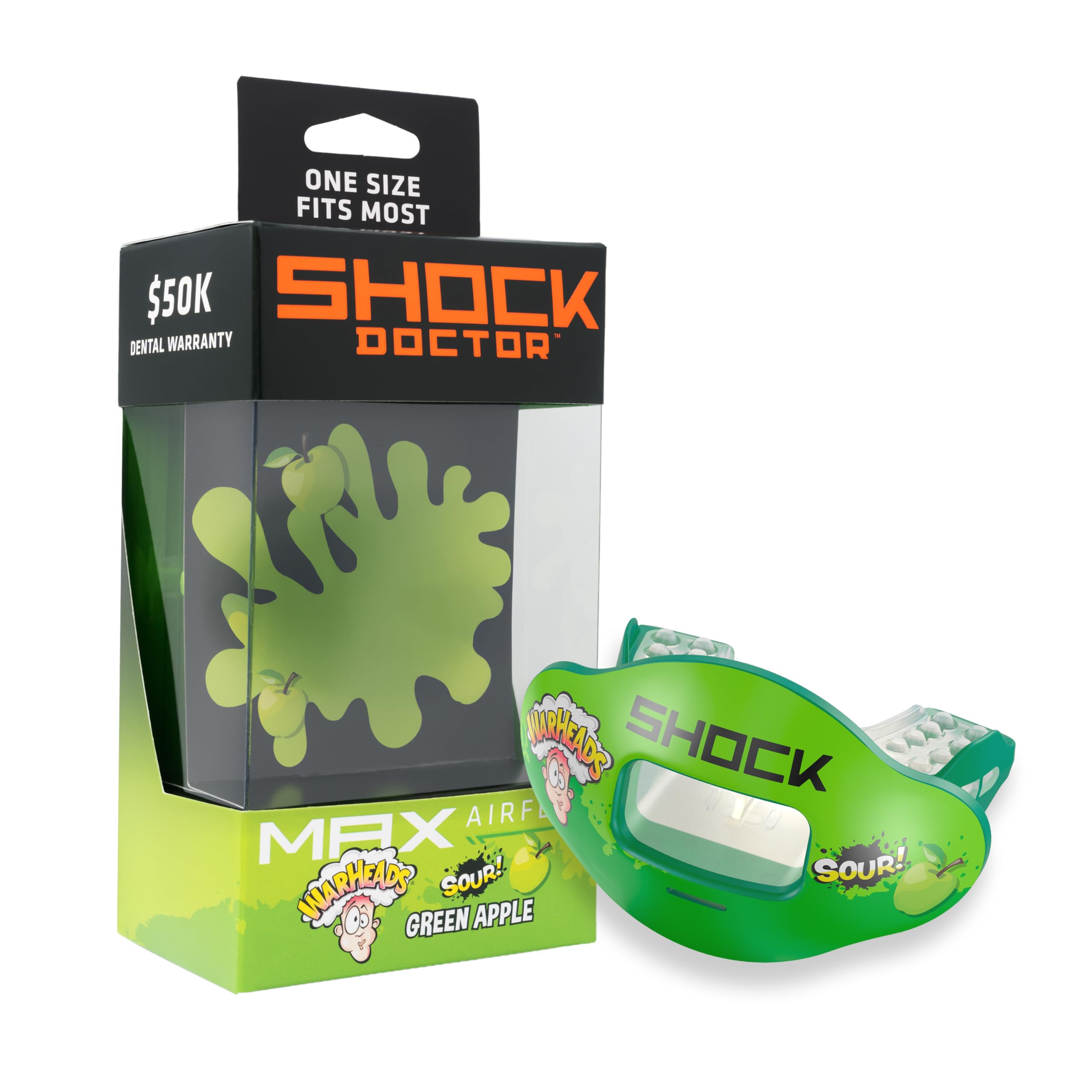 Photo 1 of Shock Doctor Max Airflow Lip Guard, Full Mouth Protection Compatible with Braces, Lip Guard, Instant Fit Mouthguard for Football, Hockey, Lacrosse OSFA, Warheads Sour Green Apple