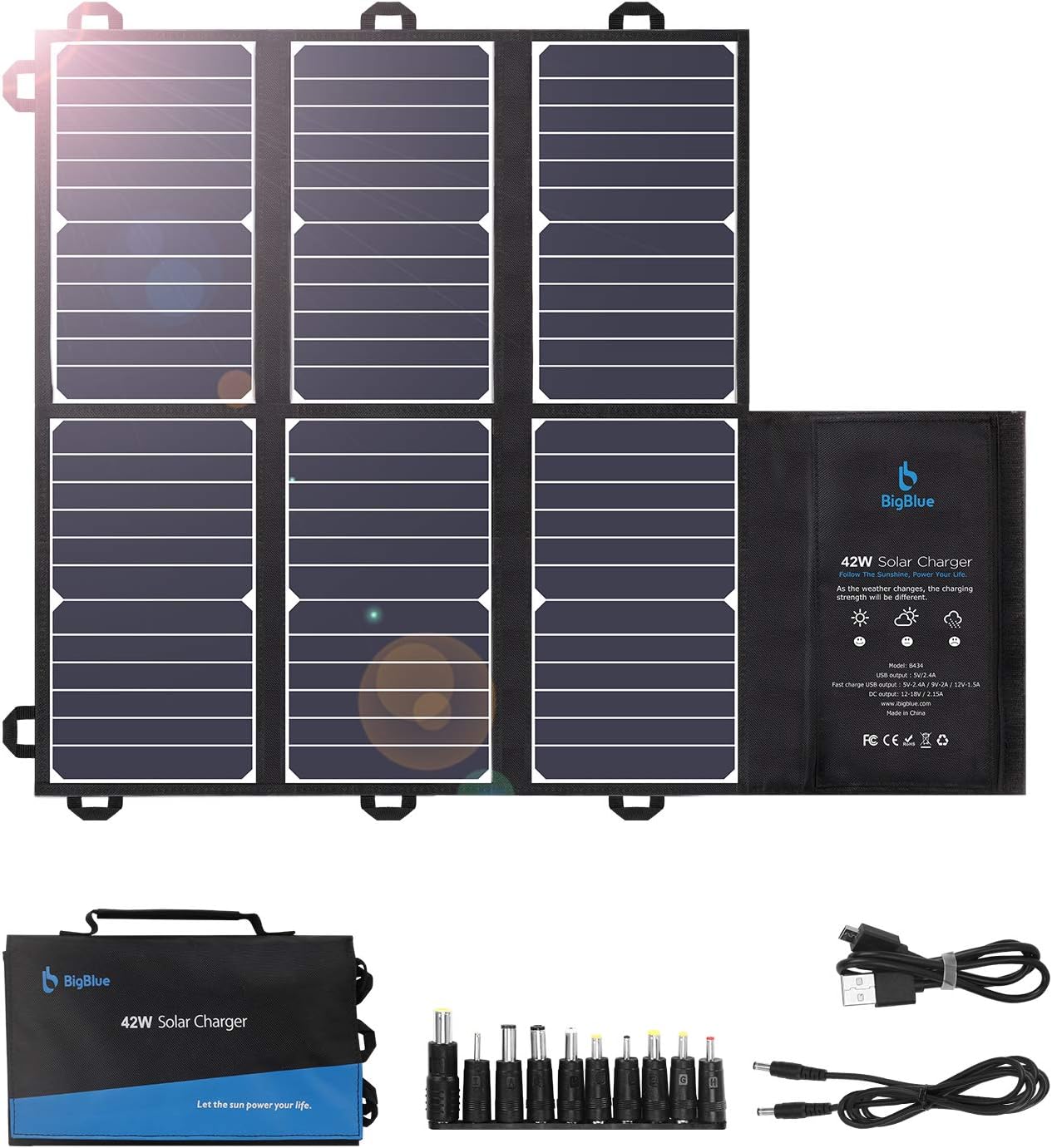 BigBlue Portable Solar Charger (2 USB+DC Outputs), 42W Waterproof SunPower Solar Panel Charger for Camping and Backpacking, Foldable and Fast Charge, Compatble with Cellphones, Battery Packs, iPad etc