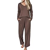 Ekouaer Womens Pajama Set Ribbed Knit PJs 2 Piece Lounge Set Long Sleeve Top and Pants Comfy Sleepwear with Pockets