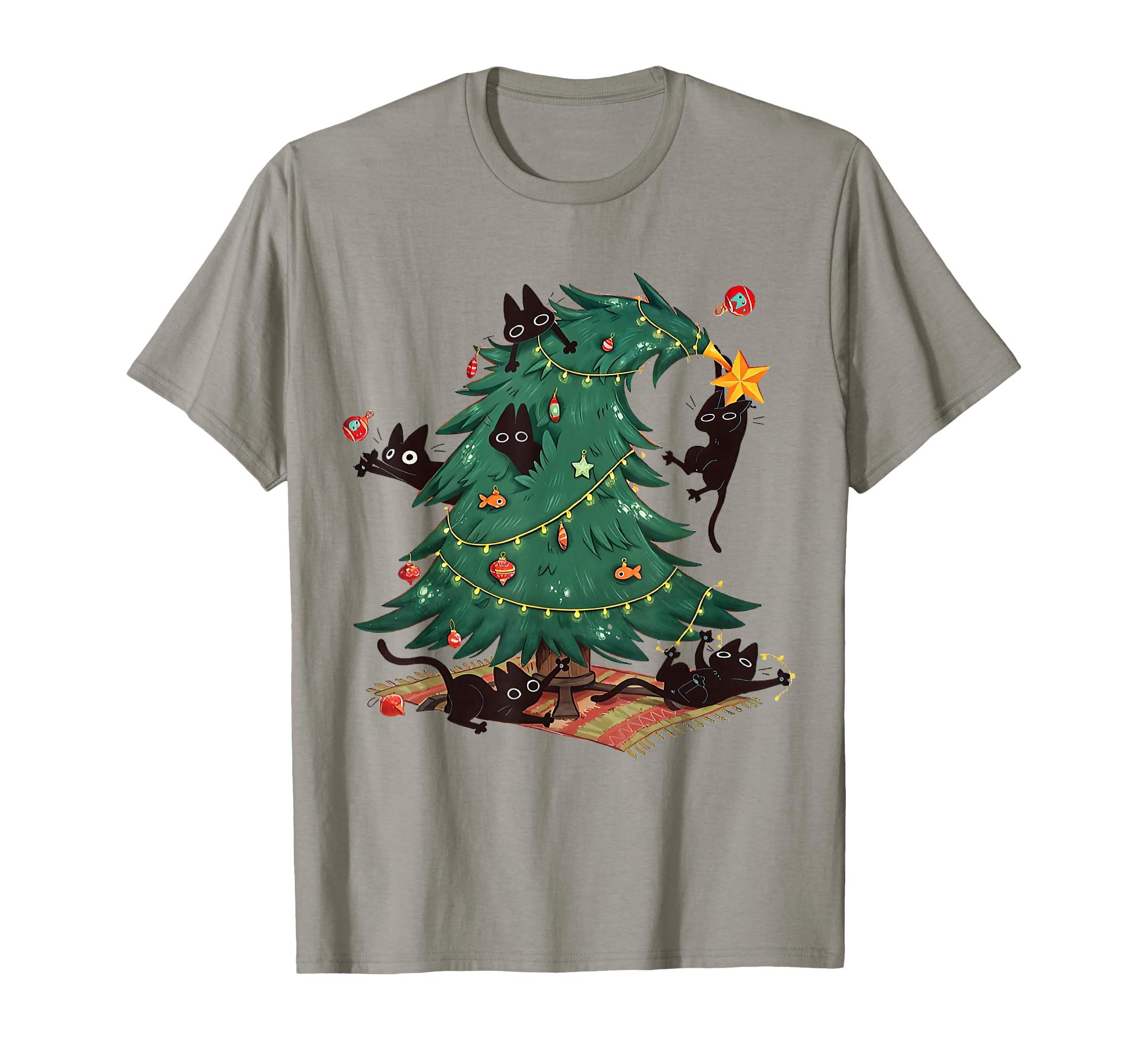 View 1 of Dark grey Christmas Tree and Cat Cute Christmas Cat Lover T-ShirtXS