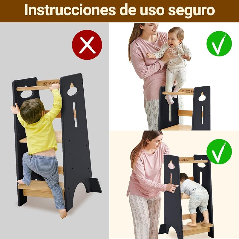 Torre de Aprendizaje para Niños - Torre de Aprendizaje de Madera para Bebés de 1 a 6 Años - Altura Ajustable en 3 Niveles - 80CM - Gris Clásico y Natural