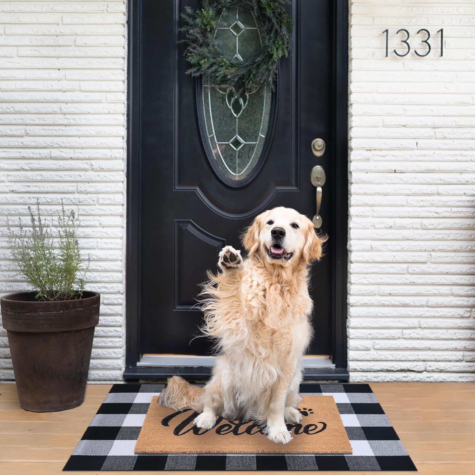 Fallovea Welcome Front Door Mats Combo Set, 100% Coco Coir Doormat with Welcome & Cute Pet Paw Prints + 28" x 43" Black and White Plaid Rug, Spring Front Porch Entryway Decor Indoor Outdoor Floor Mats - Image 4