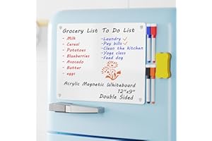NEATSURE Magnetic Whiteboard Fridge Dry Erase Board, Acrylic Glossy White Planning Board for Refrigerator, 12"x9" Small Double Sided Notepad Memo to Do/Grocery List, Include 1 Eraser, 4 Markers