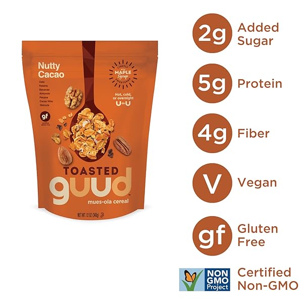 GUUD NUTTY CACAO TOASTED MUESOLA CEREAL, 12 OUNCE, SLIGHTLY SWEET MUESLI, GLUTEN FREE, OATS, RAISINS, BANANAS, ALMONDS, PECANS, CACAO NIBS, WALNUTS, VEGAN, NON-GMO CERTIFIED, KOSHER
