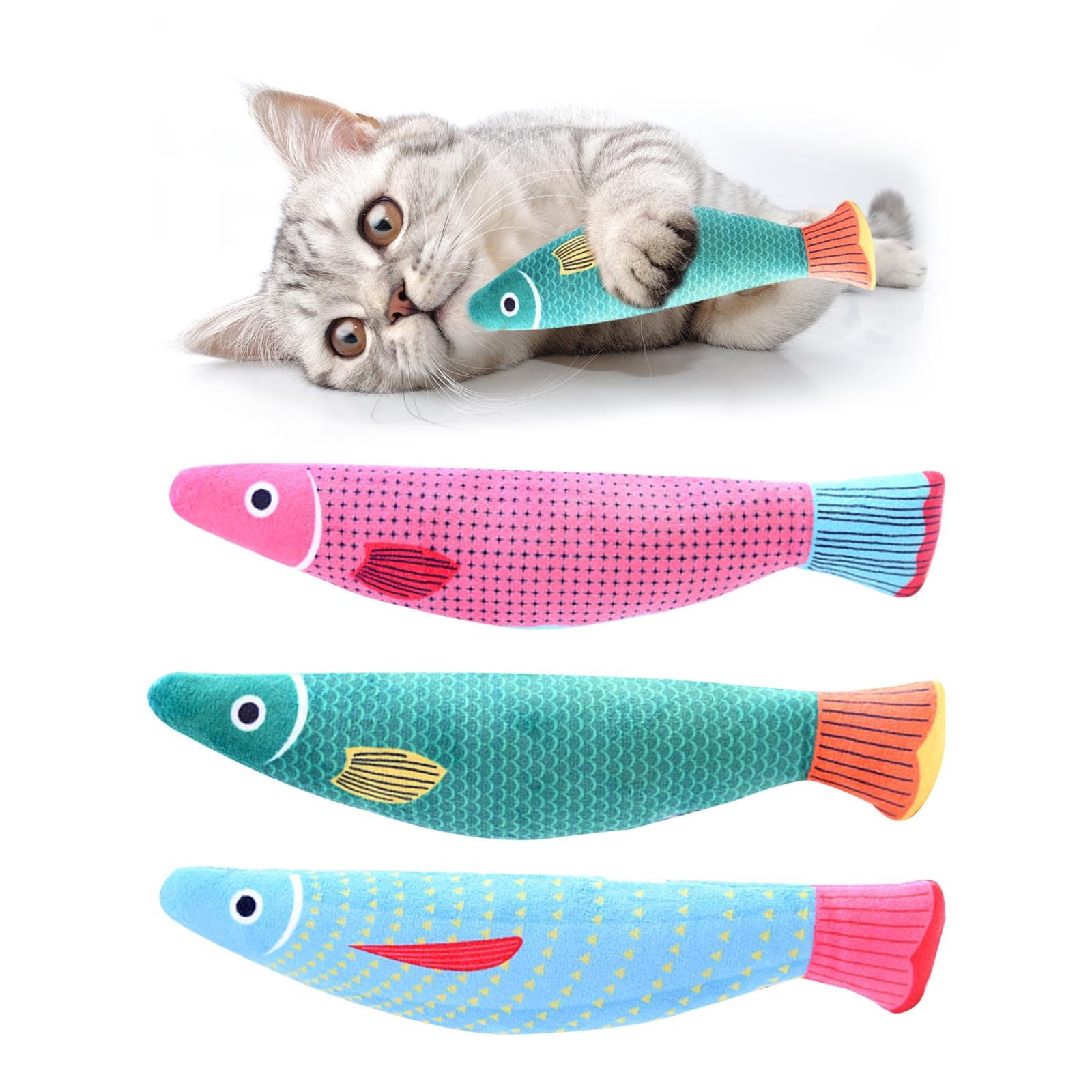 AYNKH Catnip Toys, 3PCS Bite Resistant Kitten Teething Fish Interactive Toy with Bell Inside, Cartoon Plush Cat Chew Toy for Indoor Pets Flopping/Flipping/Moving
