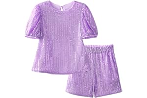 WELAKEN Girls 2 Piece Sequin Party Outfits – Puff Sleeve Shirt Blouses and Shorts Set with Pockets for Birthday