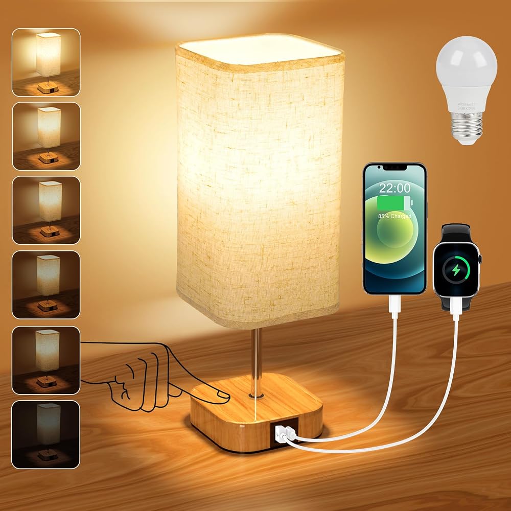 Suright Touch Control Bedside Lamp with USB A and C Ports Stepless Dimming