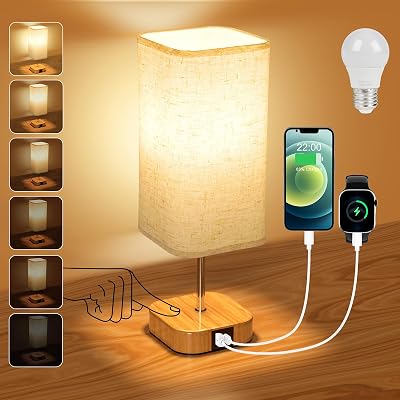 Suright Touch Control Bedside Lamp with USB A and C Ports Stepless Dimming
