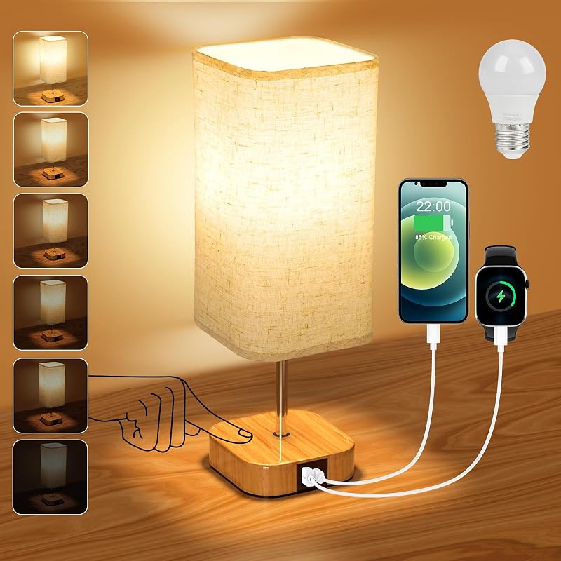 Suright Touch Control Bedside Lamp with USB A and C Ports Stepless Dimming