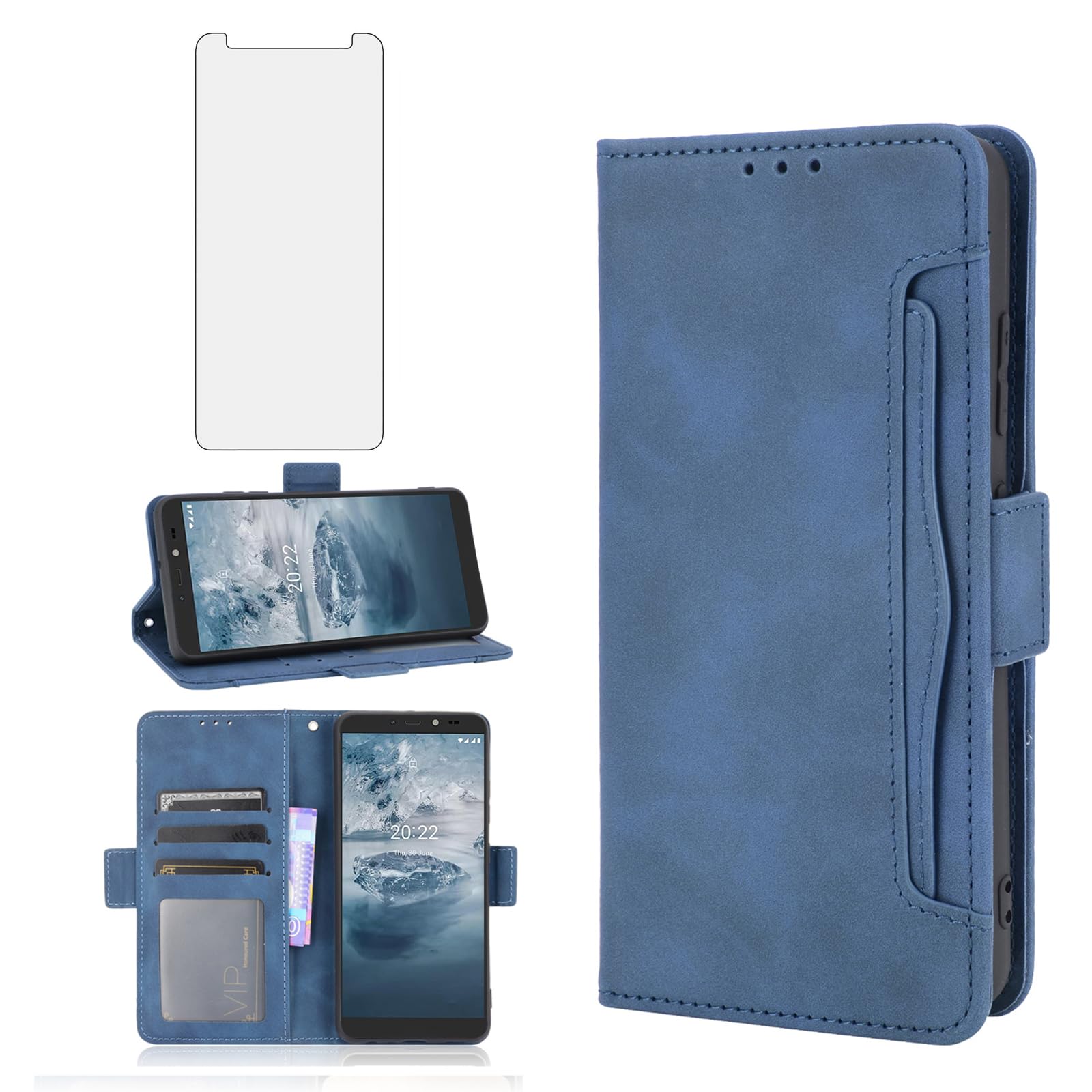 Asuwish Compatible with Nokia C2 2nd Edition Wallet Case and Tempered Glass Screen Protector Card Holder Stand Leather Flip Cell Accessories Phone Cover for C2 C 2 nd Edition Women Men Blue