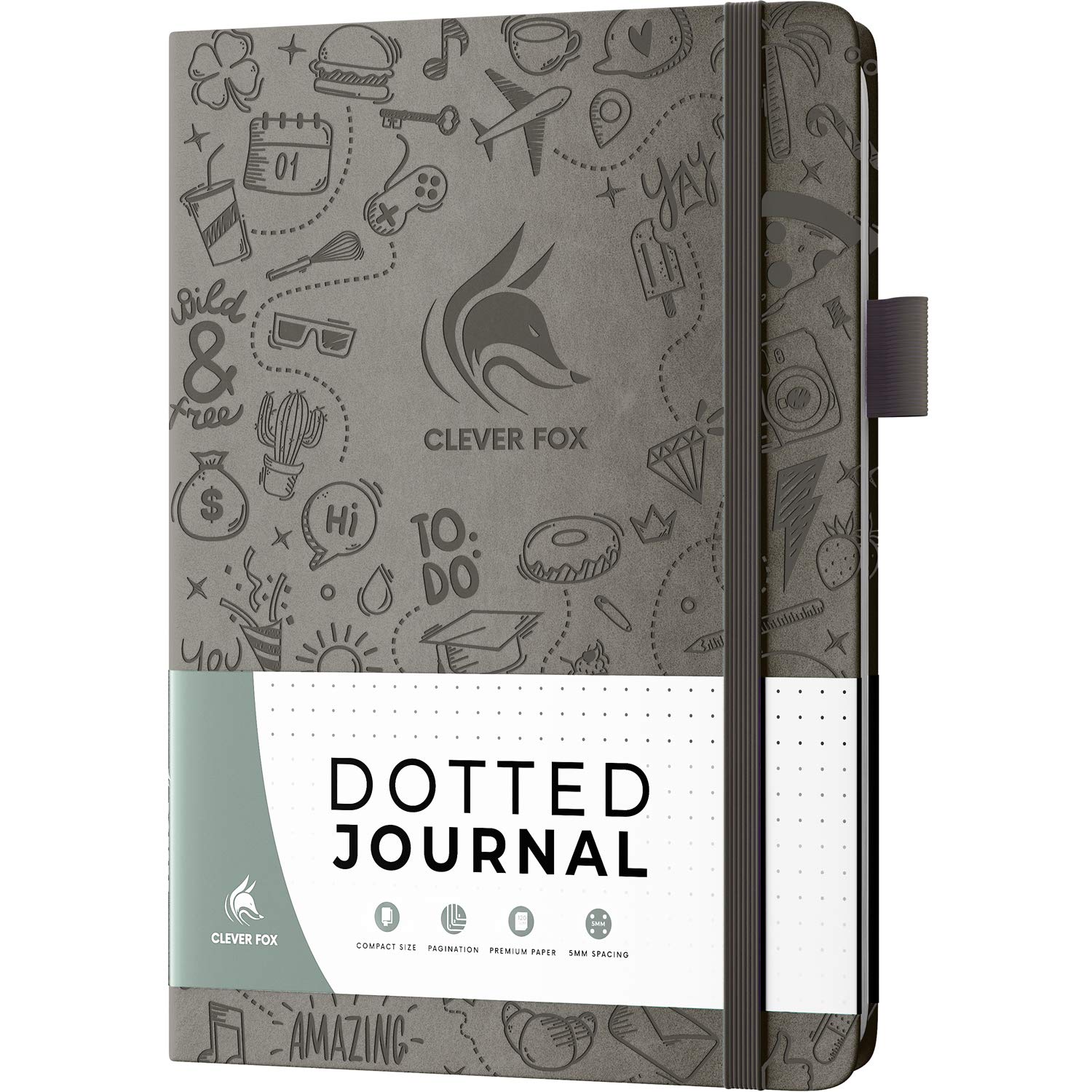 Clever Fox Dotted Journal 2.0 – Compact Planning and Sketching Dot Grid Notebook 120 GSM Thick, No-Bleed Paper – Planner with Pen Loop, Pocket, Ribbons, Stickers – A5 – Grey