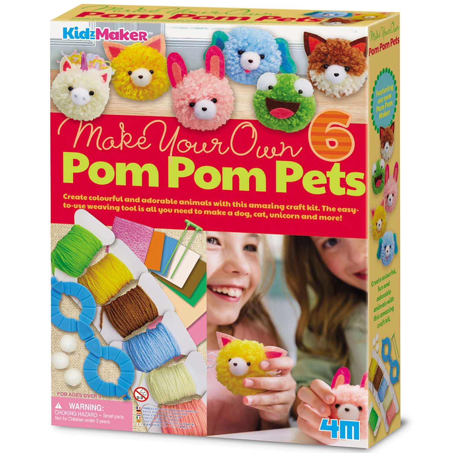 4M KidzMaker Make Your Own Pom Pom Pets Kit | DIY Animal Crafting Set with Maker, Yarn & Felt | Creative Art Activity Toy for Children | Fun Gift for Kids, Girls & Boys Aged 5+ | Screen-Free Play