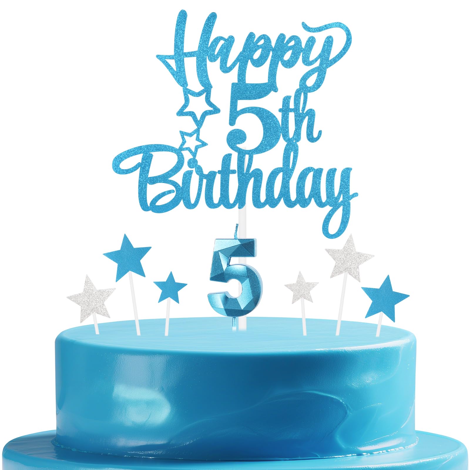 mciskin Blue 5th Birthday Candles Cake Toppers Set,3D Number 5 Candle for Cake,Light Blue Candles Silver Star Toppers for Girls Boys 5th Birthday Decorations Party Supplies