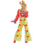 Women's Posh Polka Dot Clown Costume, Colorful Circus Jester Outfit with Collar and Hair Bow