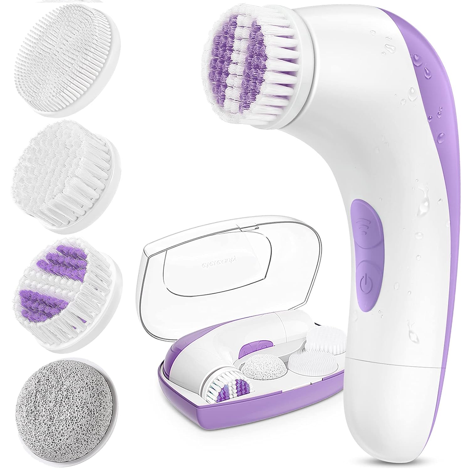 Facial Cleansing Brush,【2021 Upgraded】ETEREAUTY Waterproof Travel Face Brush with 4 Heads & Protective Case, Easy to Carry, Deep Cleansing Gentle Exfoliating for Face and Body, Purple: Beauty