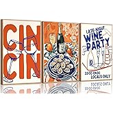 3 Pcs Retro Maximalist Kitchen Canvas Wall Art Vintage Wine Food Funny Trendy Cin Cin Cheers Bar Cart Painting Picture Wall Decor Poster Print Artwork for Living Room Dining room Unframed