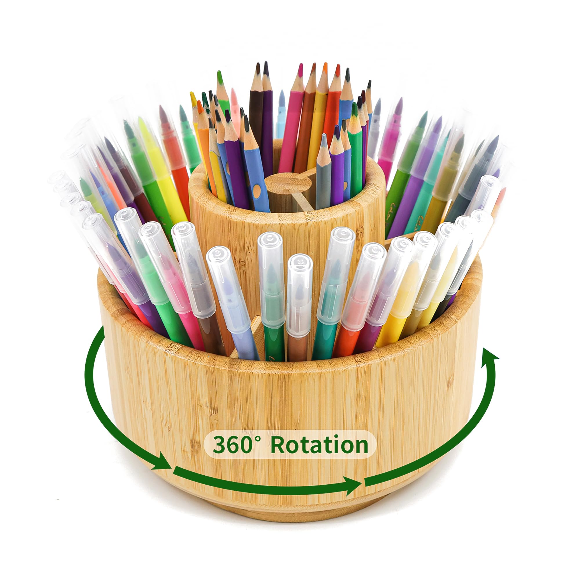 VaeFae Bamboo Pen Holder Organiser, Round Rotating Art Supply Organiser, Hold 420 Pencils, Desktop Storage for Marker Pens, Colored Pencil, Art Brushes, etc.
