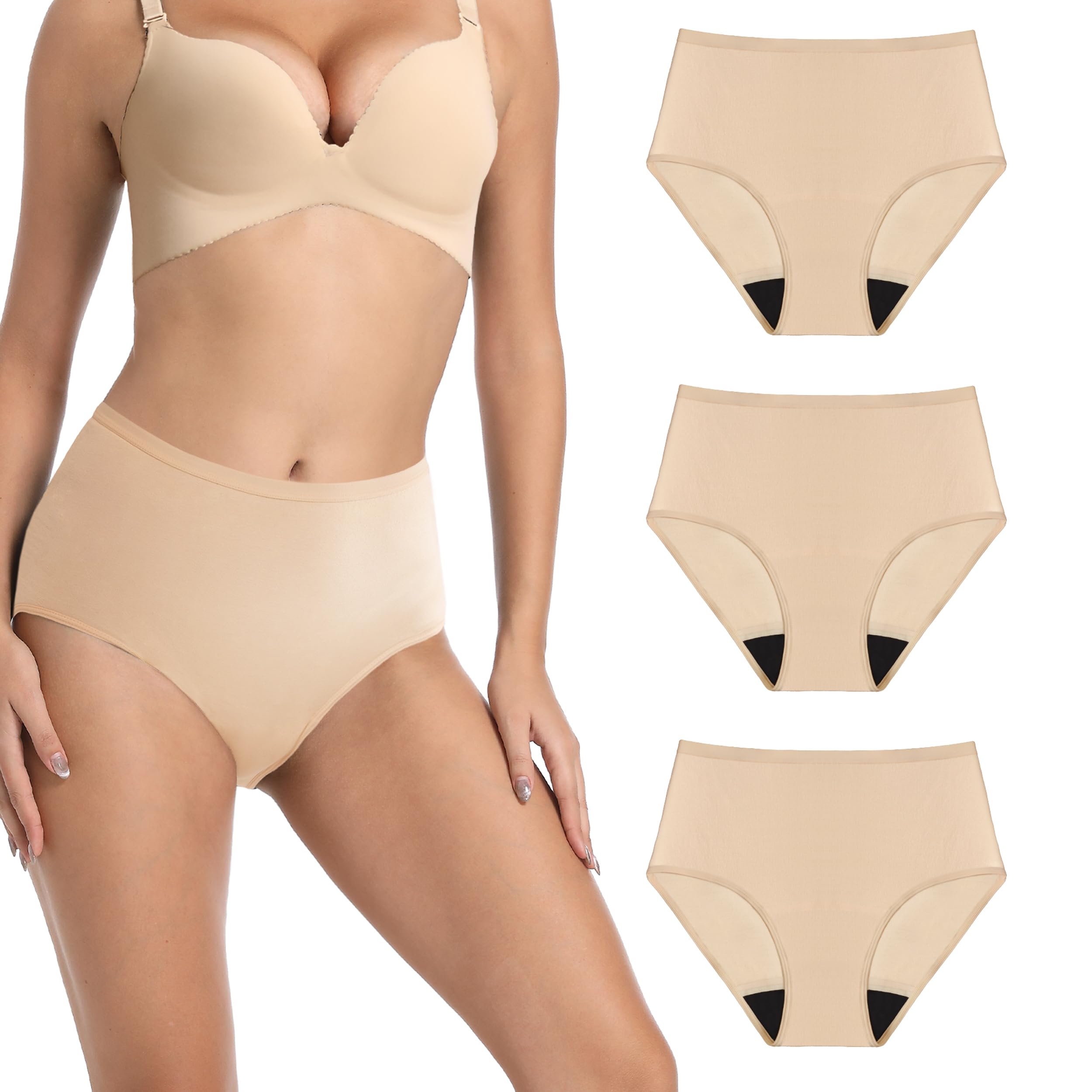 Photo 1 of IRISMORII Washable Incontinence Panties for Women Bladder Leak Proof Underwear Light Absorbent Protection Cotton Brief 3 Pack (Beige L)