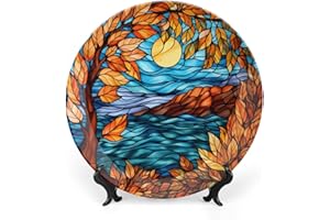 Gokays Stained Glass Design Fall Maple Tree Night Decorative Plates Home Decor Ceramic Plates, Fall Season Dinner Plates Display for Living Room, Kitchen, Gifts for Thanksgiving, 6 Inch