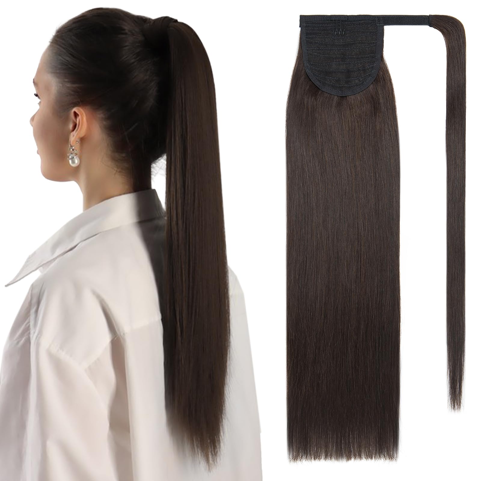 SEGOHAIR Wrap Around Ponytail Human Hair Clip in Ponytail Hair Extensions, 14 inch Long Straight One Piece Clip in Hairpieces Remy Real Human Hair-Darkest Brown — image 1