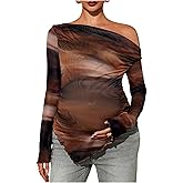 RoseSeek Women's Maternity Tie Dye Off The Shoulder Tops Asymmetrical Hem Long Sleeve T Shirts