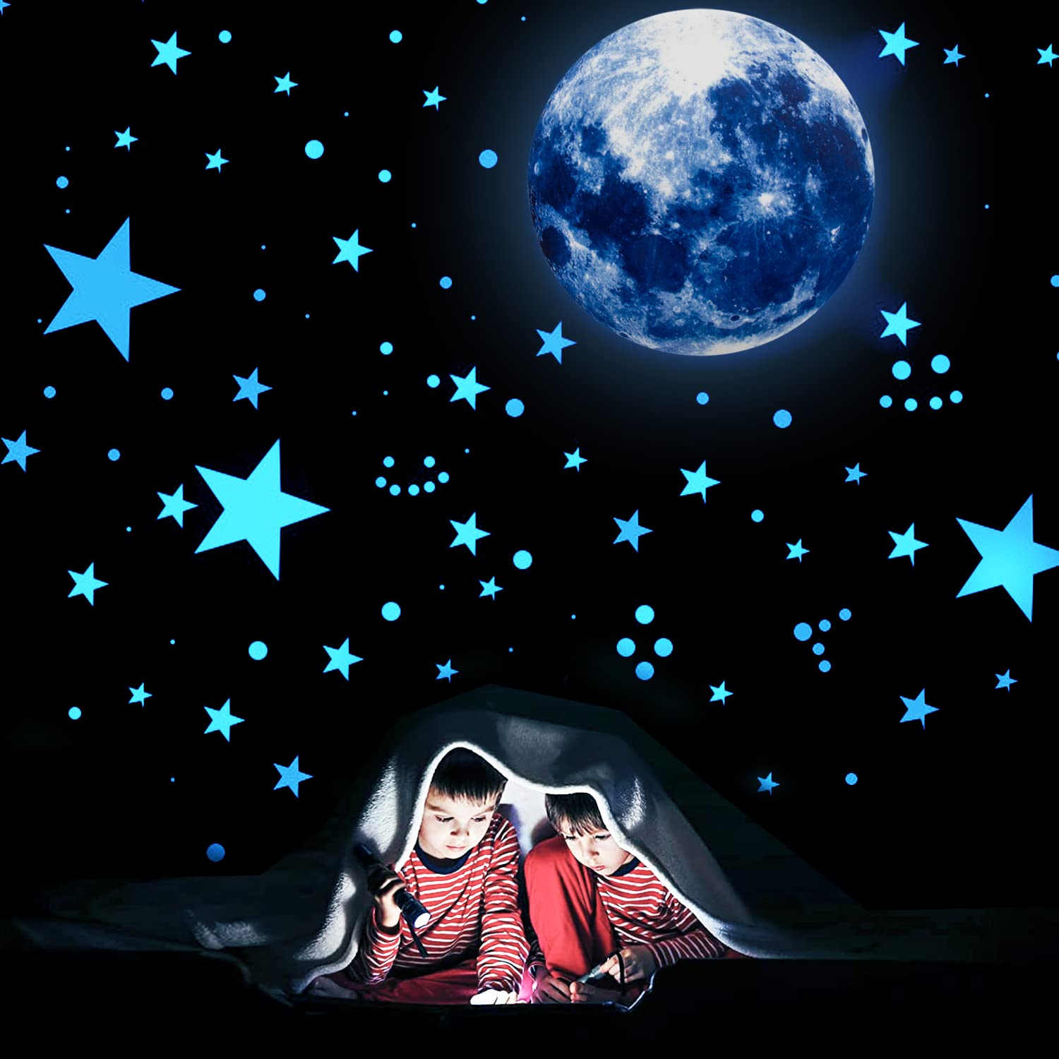 GWAWG Glow in the Dark Stars, Luminous Fluorescent Stars Moon Wall Sticker Kids Room Stars Dot Decoration