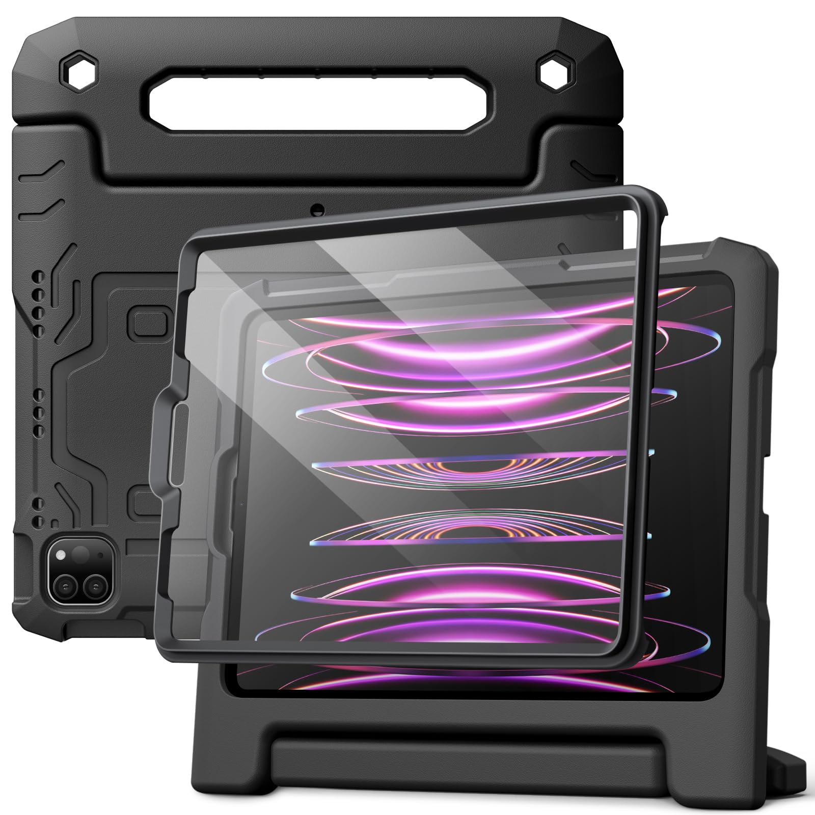 JETech Kids Case for iPad Pro 11 Inch (2022/2021/2020/2018 Model), iPad Air 5/4 (10.9-Inch) with Built-in Screen Protector, Shockproof Full-Body Handle Stand Tablet Protective Cover (Black)