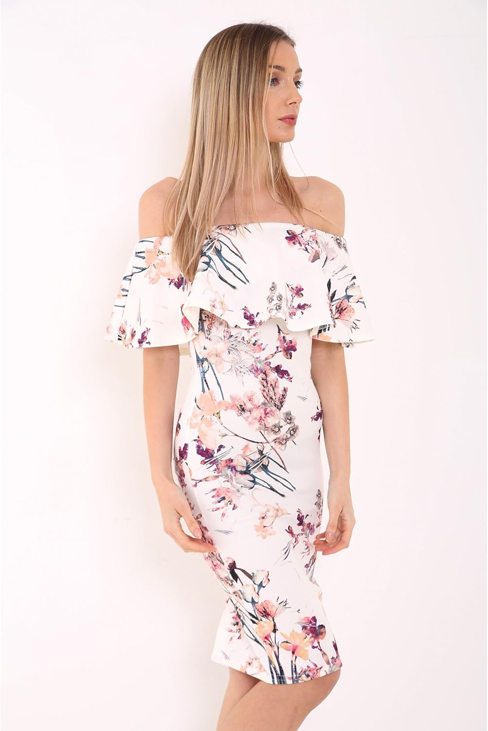 bardot frill midi dress