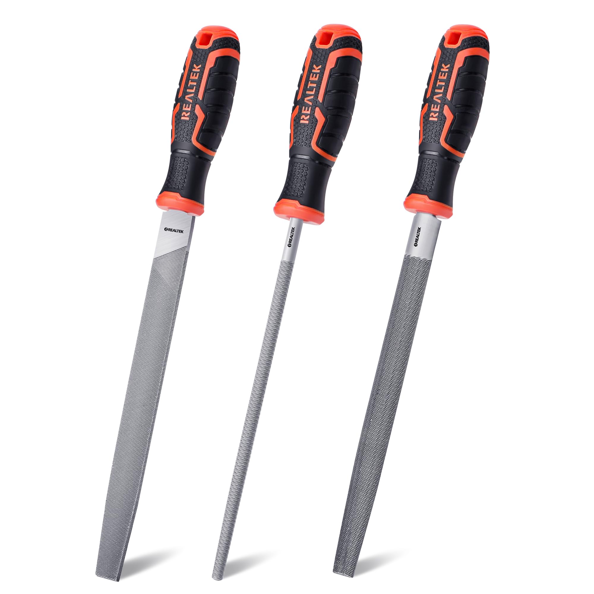 REALTEK Metal File Set 3-Piece, 12-inch Premium T12 Carbon Steel Double Sided Steel File, Includes Half-Round, Round Files, Flat Files, Sharpening File for Metal Fine Finishing