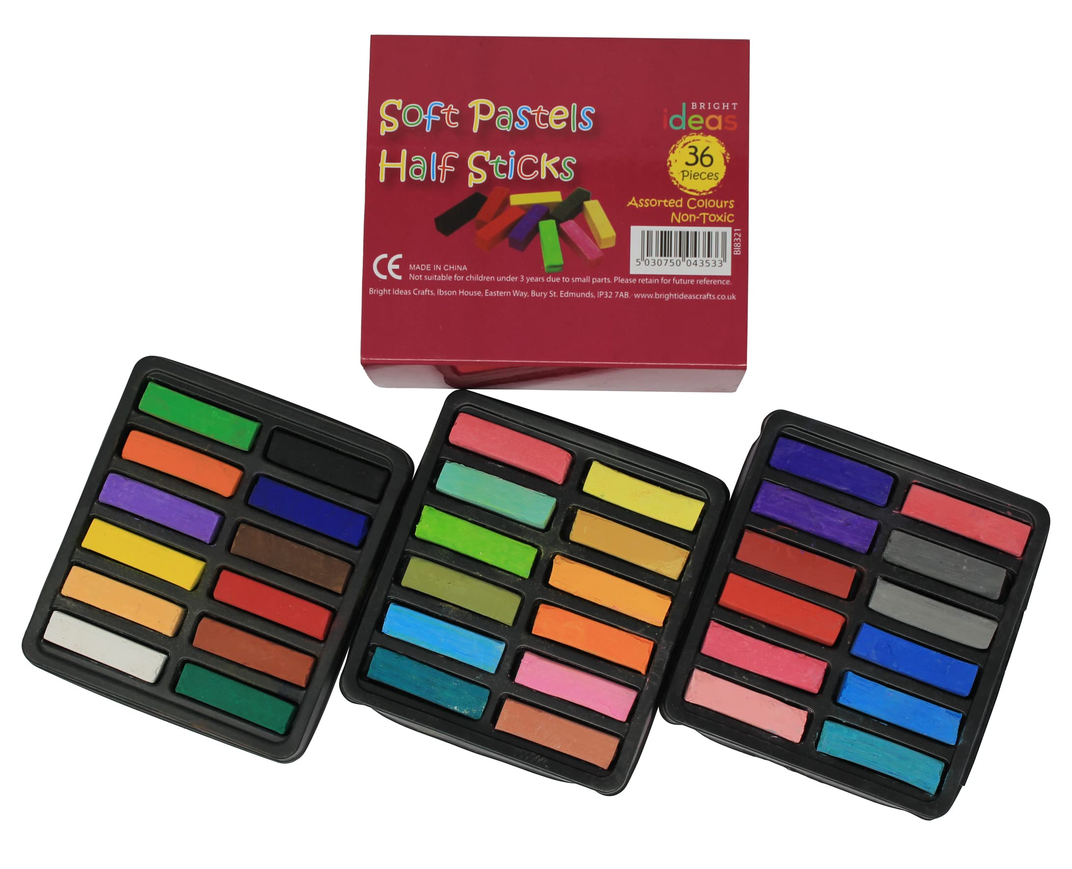 Bright Ideas Soft Pastels PK36 - Assorted Half Sticks With Intense Colors - Perfect Square Chalk for Blending - for Kids, Artists, Students on Paper and Canvas. BI8321