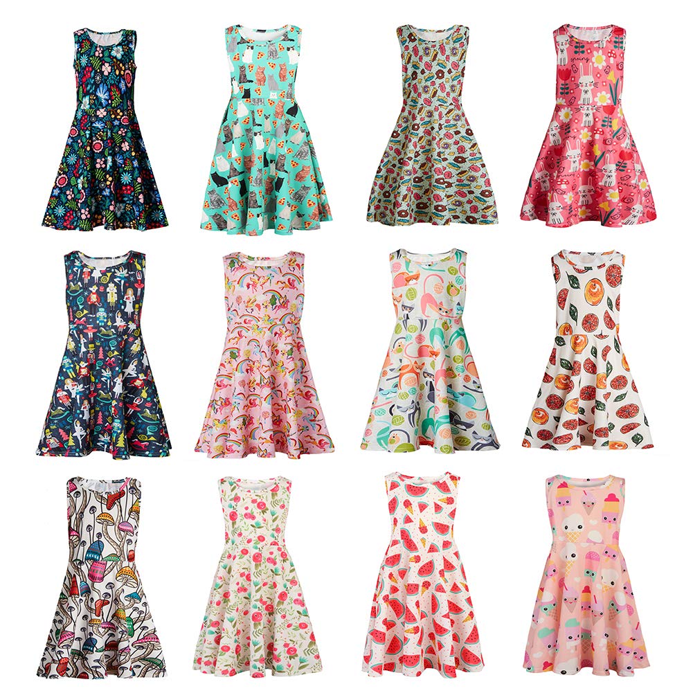 Youngs Girls Print Sleeveless Casusl Crew-Neck Dresses ice Cream Print Skirts Wine red (Watermelon, S)