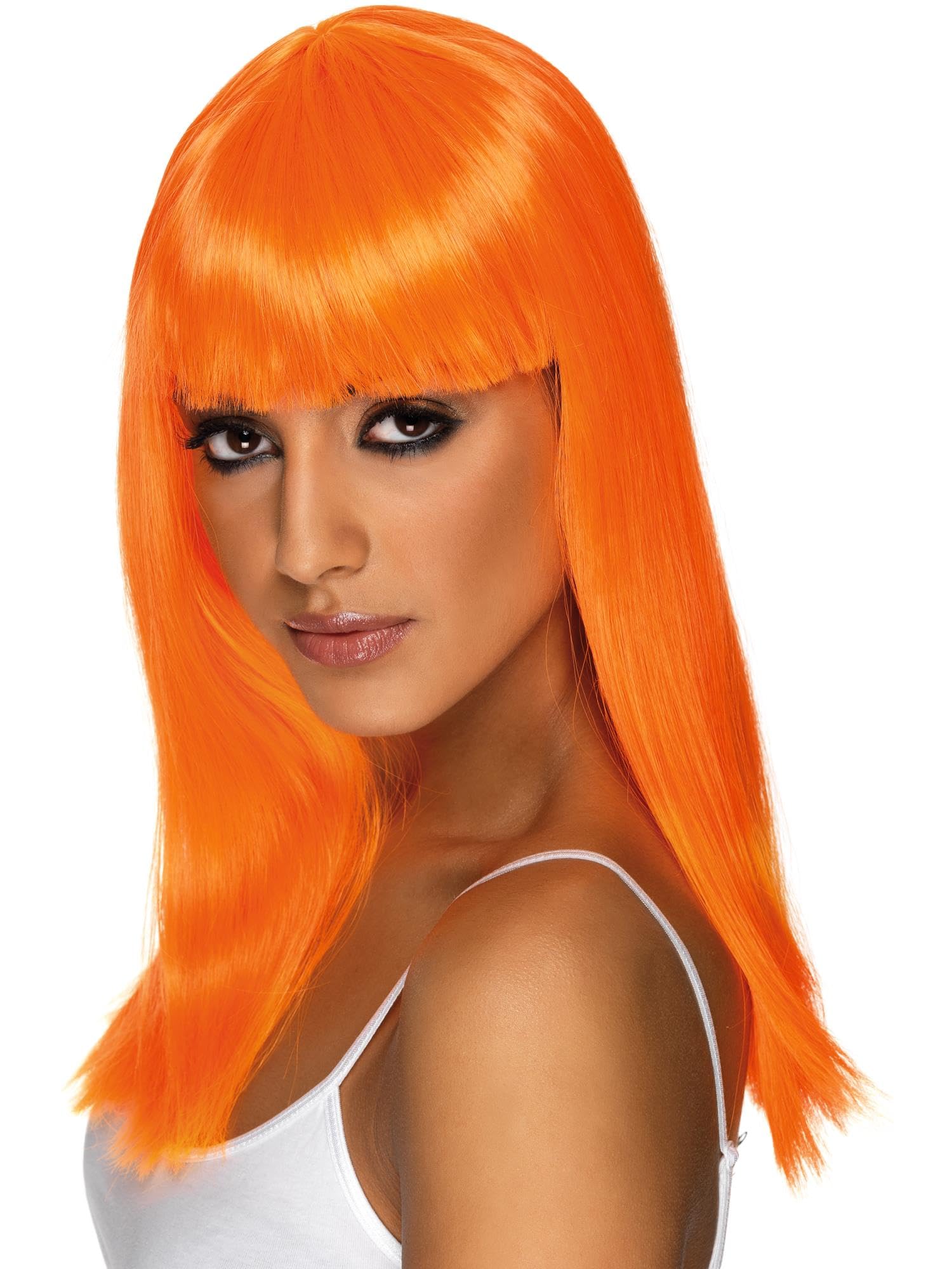 Smiffys Glamourama Wig, Neon Orange Long, Straight with Fringe, Ladies Glamour Wigs Fancy Dress, Adult Dress Up Wigs