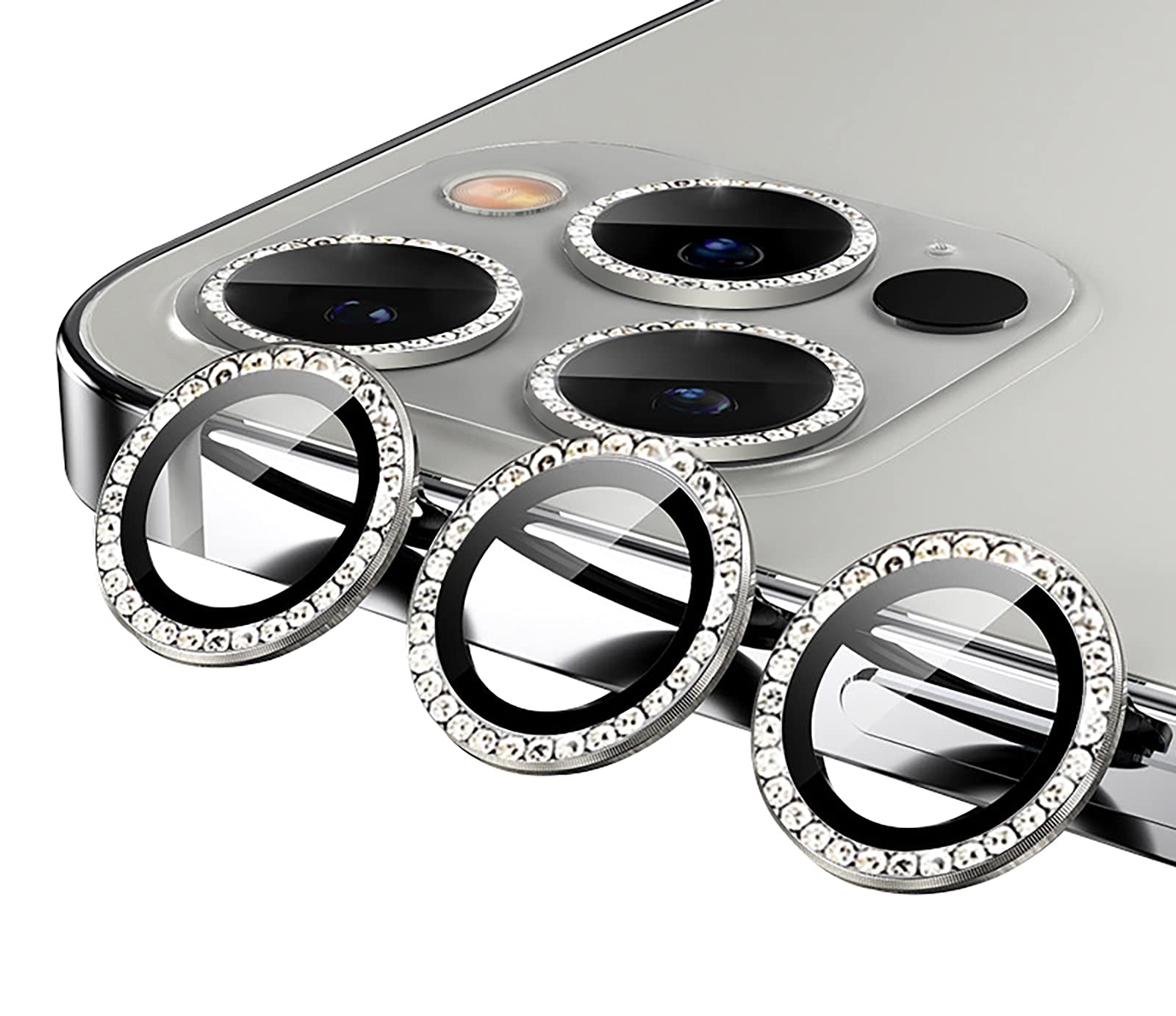 GIOPUEY Camera Protector for iPhone 13 Pro Max, Bling Crystal Diamond Camera Protection Ring, 9H HD tempered glass, iPhone 13 Pro Camera Lens Protector - Silver