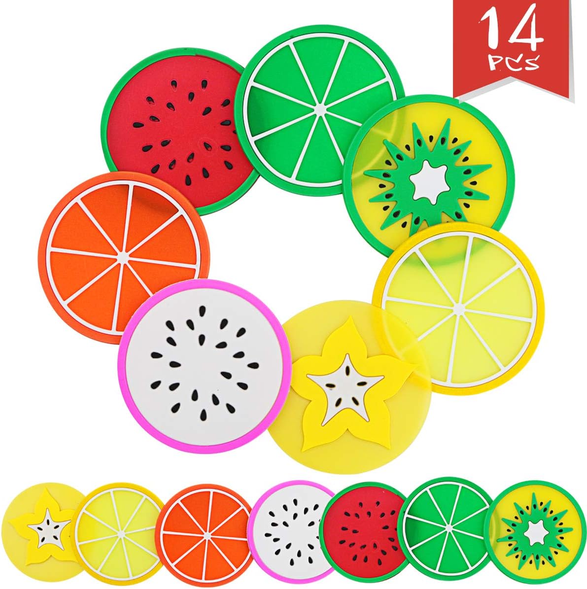 Sc0nni Fruit Slice Silicone Coaster, Non-Slip Drink Cups Pad, 14 Pack