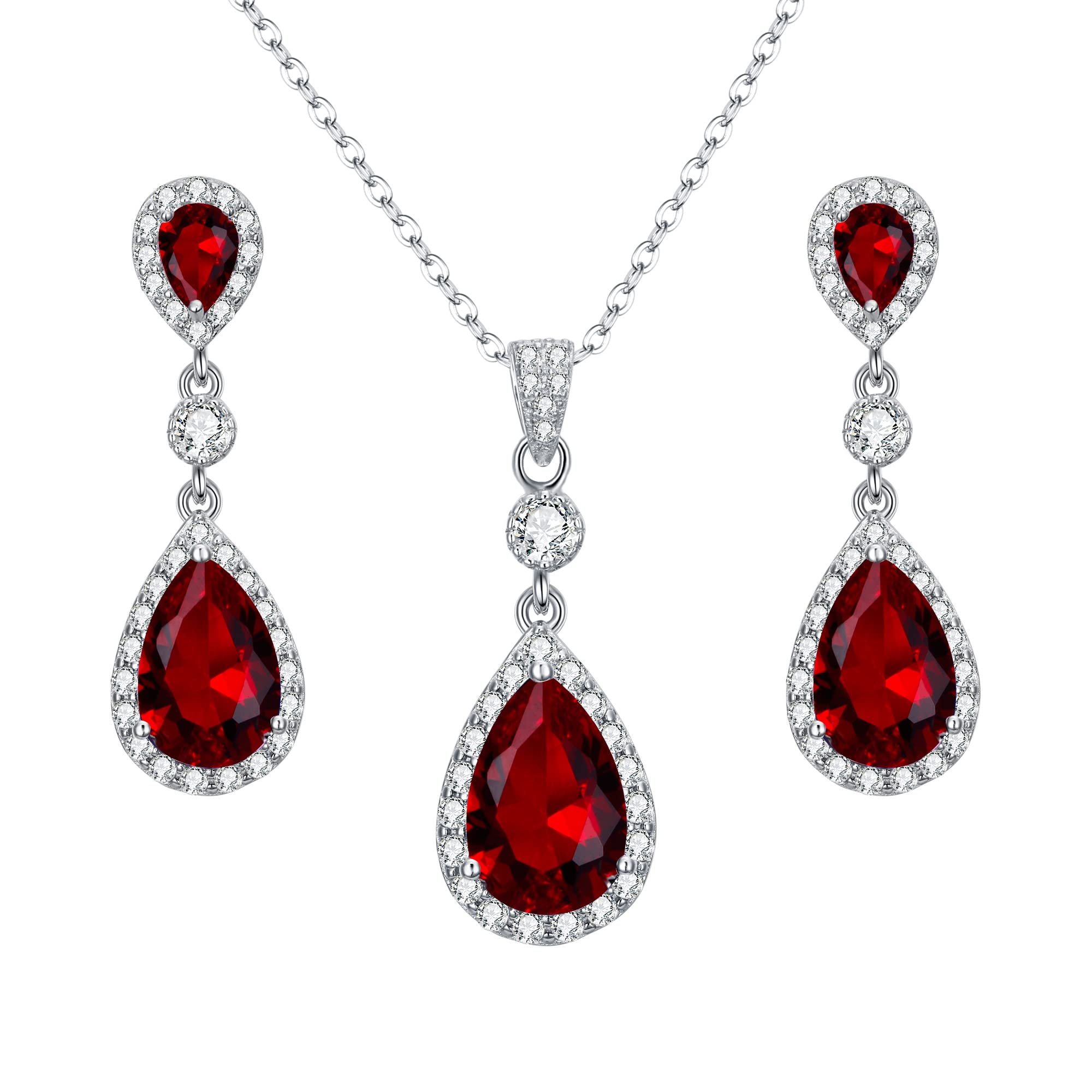 Clearine 925 Sterling Silver Wedding Bridal Ruby CZ Infinity Teardrop Pendant Necklace Dangle Earrings Set Jewellery Gift for Women Mum Wife Girlfriend Birthday Mothers Day Valentines Christmas