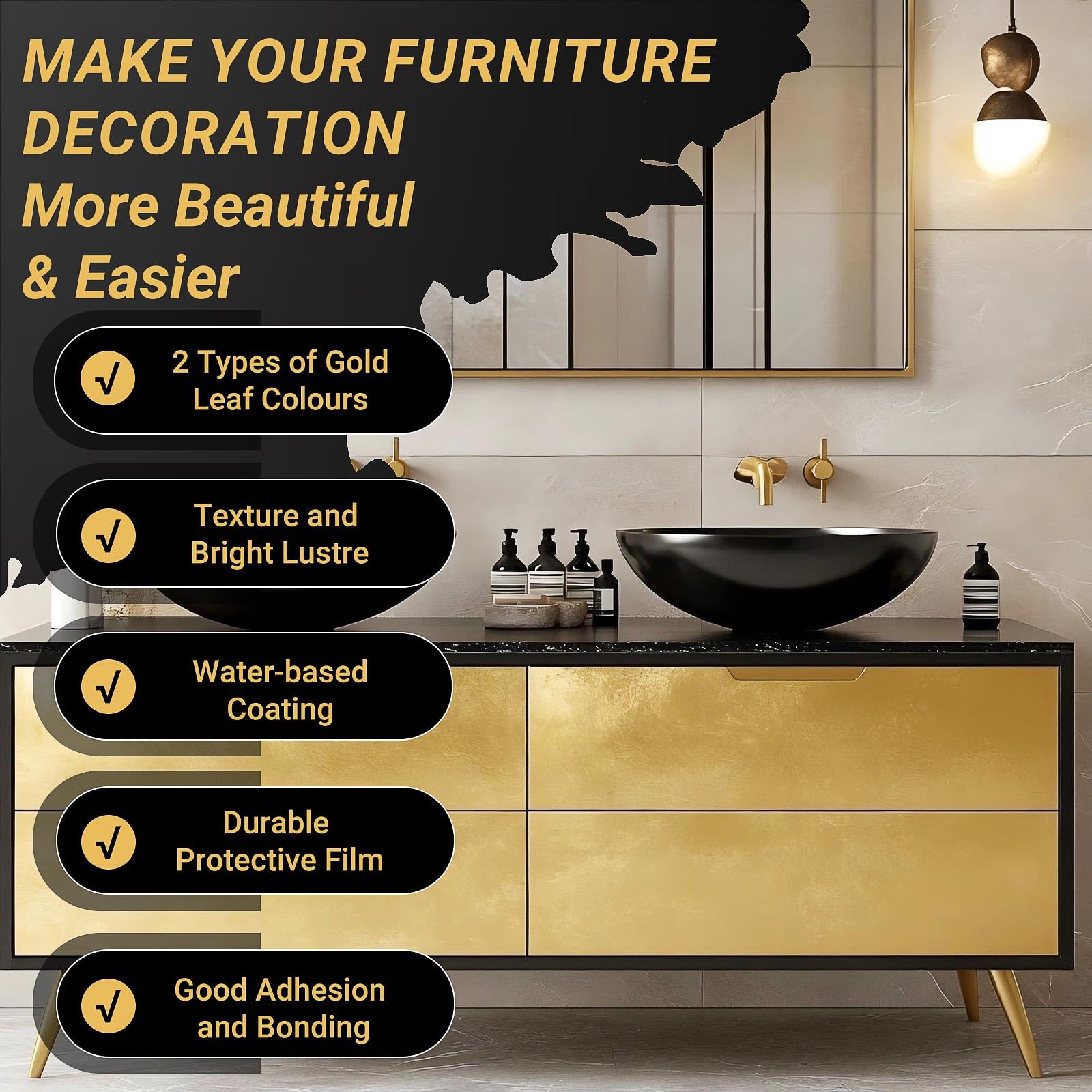 Gilding Adhesive Set, TUFINEIN 3.53oz/100ml Water Based Adhesive and Varnish, Gold Leaf and Champagne Gold Foil Gilding Kit, Furniture & Crafts Decoration, Art Painting, DIY Decorative Painting